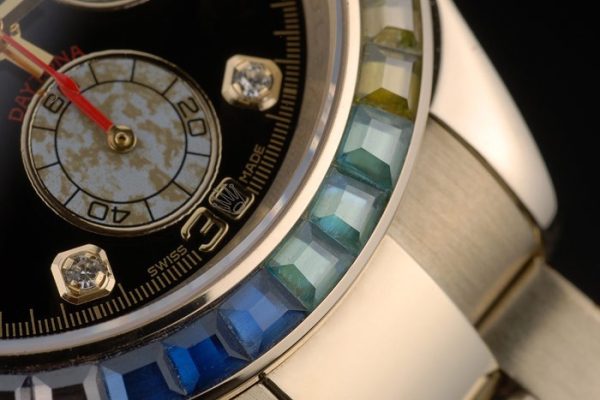 Rolex Daytona Cosmograph Rainbow Crystals Bezel Rose Gold Strap Black Dial 80251 - Image 10