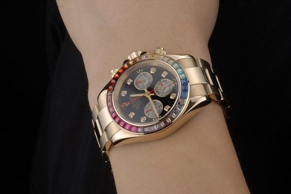 Rolex Daytona Cosmograph Rainbow Crystals Bezel Rose Gold Strap Black Dial 80251 - Image 2
