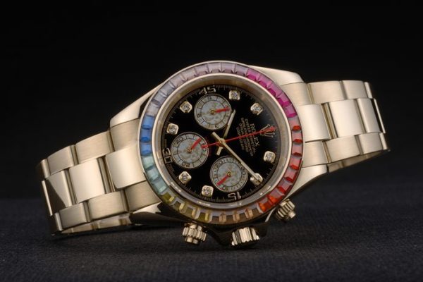 Rolex Daytona Cosmograph Rainbow Crystals Bezel Rose Gold Strap Black Dial 80251 - Image 4