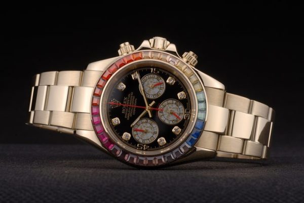 Rolex Daytona Cosmograph Rainbow Crystals Bezel Rose Gold Strap Black Dial 80251 - Image 5