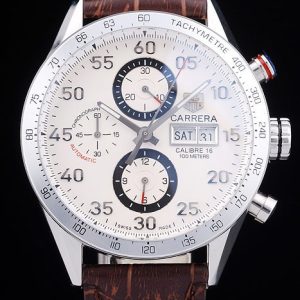 Swiss Tag Heuer Carrera Tachymeter Bezel Dark Brown Leather Strap White Dial