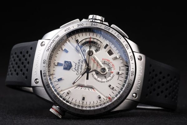 Swiss Tag Heuer Carrera Tachymeter Bezel Black Perforated Rubber Strap White Dial - Image 4