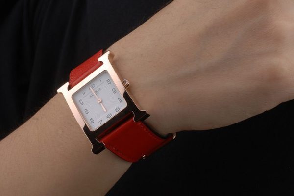 Hermes Heure H Rose Gold Bezel White Dial Red Leather Strap 80233 - Image 2